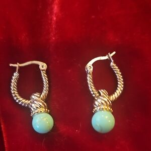 Silver Rope Hoop Earrings with Turquoise Bead